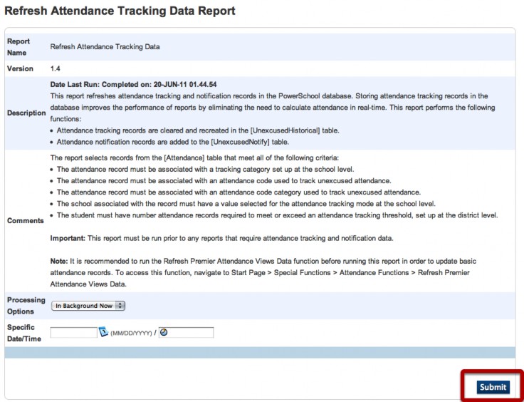 Refresh Attendance Tracking Data report options