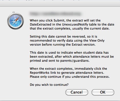 Extract report confirmation dialog
